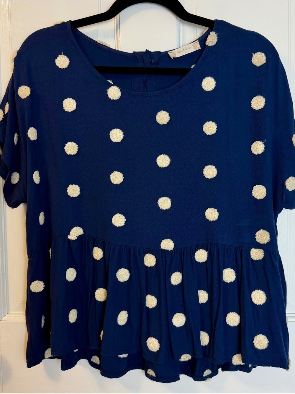 Altar'd State Women’s Polka Dot Navy & Cream Peplum Top with Back Buttons, S